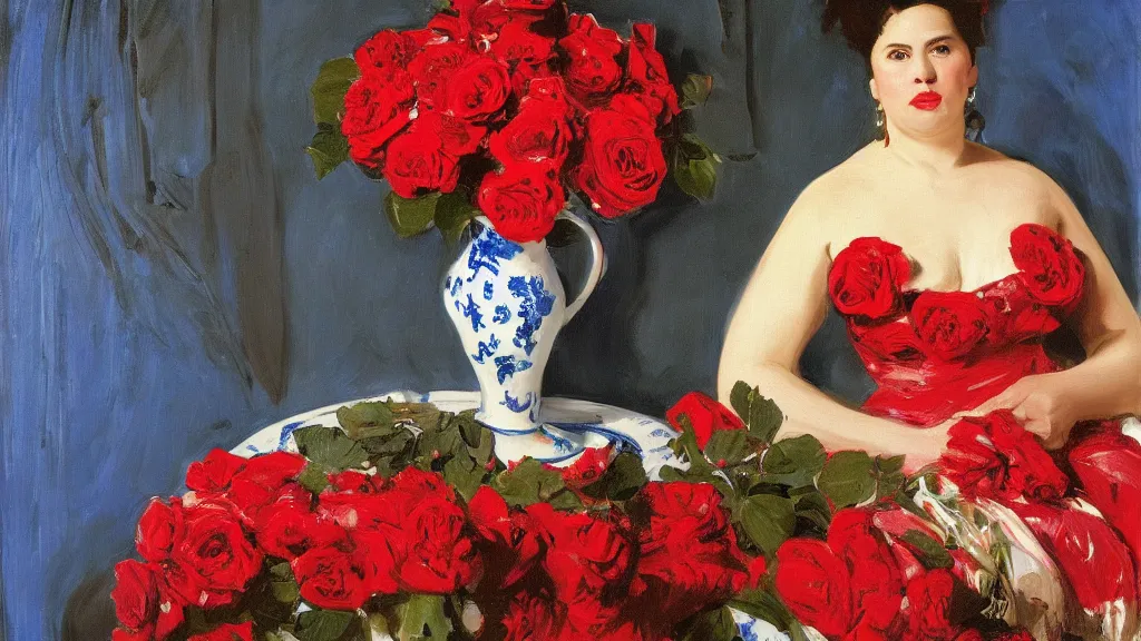 Image similar to portrait of rebekah delrio in lynch pattern, big persian detailed pot of red roses, blue and red lights painted by john singer sargent