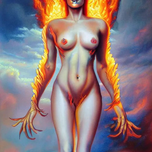 Image similar to A beautiful painting of a goddess with a body made of flames by Jim Burns, ultra-detailed