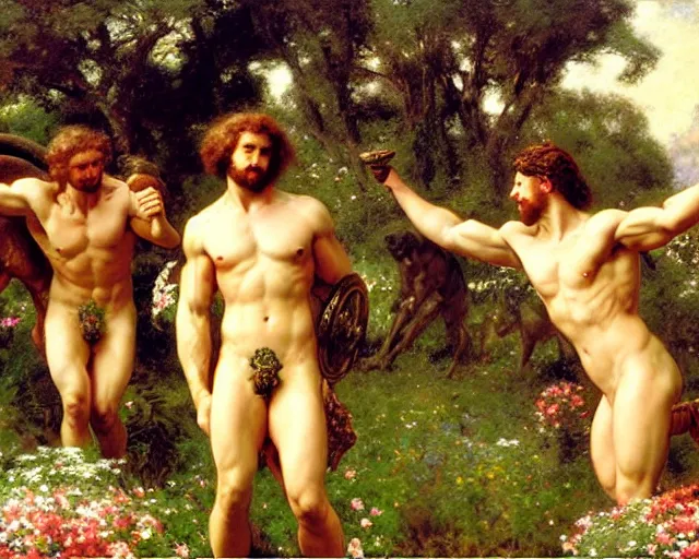 Prompt: hercules and achilles frolic in a meadow of beautiful flowers, large topiary and marble pillars in the background, painting by gaston bussiere, craig mullins, j. c. leyendecker, tom of finland