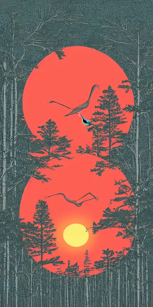 Prompt: , tshirt design, logo style, a crane and a lake next to a forest of pines, big red sun in the background, fresh modern look, thick line art, made with photoshop,