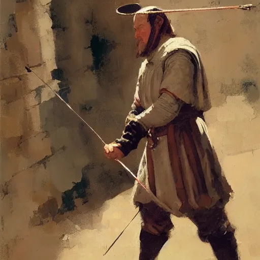 Image similar to portrait of man in medieval clothes aiming a bow by craig mullins, greg manchess, bernie fuchs, walter everett, lost edges