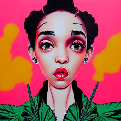 Prompt: fka twigs x betty boop painting, matte paint, street art, by sachin teng x supreme : 5 marijuana, graffiti, smoke, hard edges, green, geometric shapes, fisheye lens, sexy, by sachin teng : 6