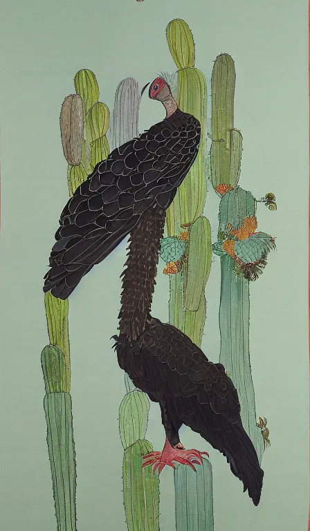 Prompt: turkey vulture sitting on cactus by Shen Quan, hanging scroll, ink and colours on silk
