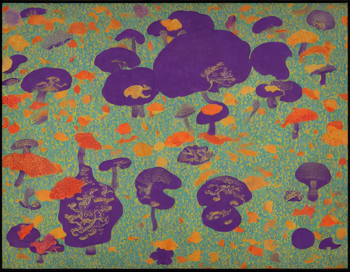 Prompt: vase of mushroom in the sky and under the sea decorated with a dense field of stylized scrolls that have opaque purple outlines, with koi fishes, ambrosius benson, kerry james marshall, oil on canvas, hyperrealism, light color, no hard shadow, around the edges there are no objects