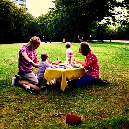 Image similar to A family having a picnic in park from the perspective of an ant on the table - 35mm