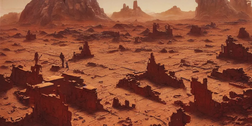 Image similar to ruins of an acient art deco civilization on mars, red desert, painted by ruan jia, raymond swanland, lawrence alma tadema, zdzislaw beksinski, norman rockwell, jack kirby, tom lovell, alex malveda, greg staples