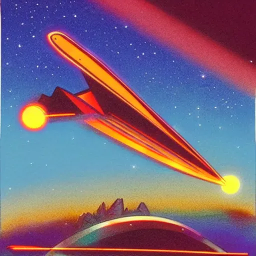 Image similar to starship destroyed by laser beam shot by another starship, 1 9 8 0 s concept art, vintage, high saturation colors, high quality, hand drawn