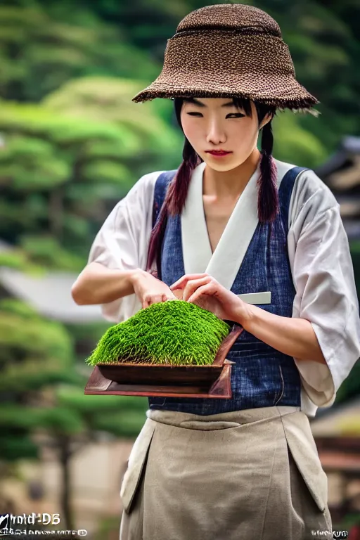 Image similar to japanesse farmer, cinematic view, bokeh, extreme detailed, vogue photo style, proportional, dynamic composition, perfect face details, perfect body shape, intricate, comfort posse, smooth, sharp focus, body features, ultra realistic, award winning photo, captured by nikon d 8 5 0, 4 5. 7 mp lens, 4 k, full body.