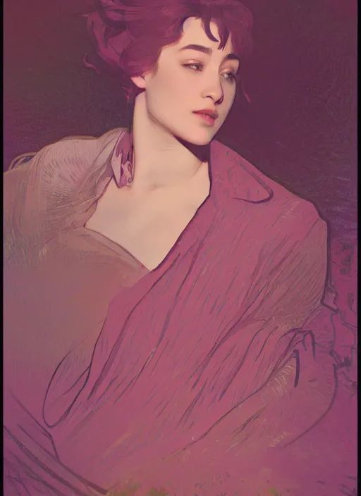 Prompt: JOJI wearing a pink suit elegant suit, singing in the dark, close-up, nighttime, portrait art by alphonse mucha and greg rutkowski, highly detailed, digital painting, concept art, illustration, dim lighting with twilight rays of sunlight, trending on artstation, very detailed, smooth, sharp focus, octane render, close up