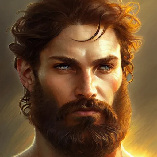 Image similar to Portrait of rugged male ranger, D&D, amber eyes, face, long hair, muscular, fantasy, intricate, elegant, highly detailed, digital painting, artstation, concept art, smooth, sharp focus, illustration, art by artgerm and greg rutkowski and alphonse mucha