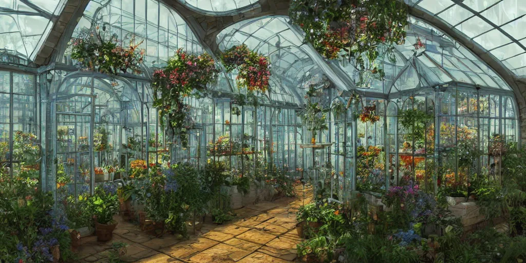 Prompt: glass greenhouse, another world, birds, blue roses, fairy tale, evening lights, highly detailed, low angle view, artstation, mysterious, comfort, in the style of aetherpunk