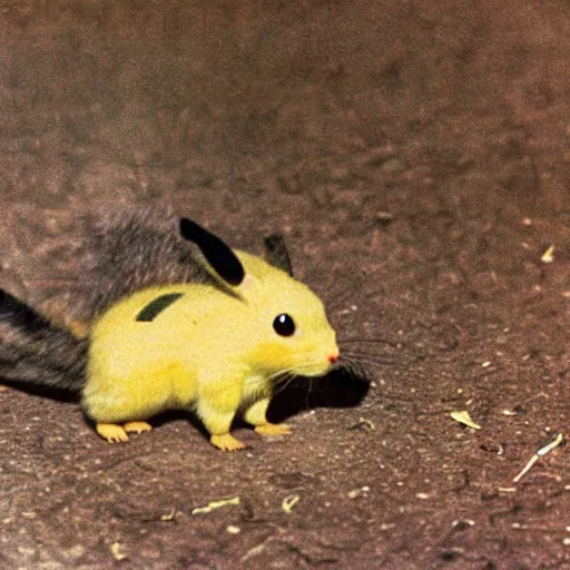 Prompt: The first pikachu (Tonitru Rattus) discovered in nature, circa 1992, photograph