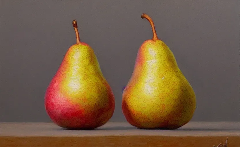 Prompt: a hyper-realistic oil painting of a pear; hyper-detailed; an extraordinary masterpiece!!!; flawless; trending on artstation