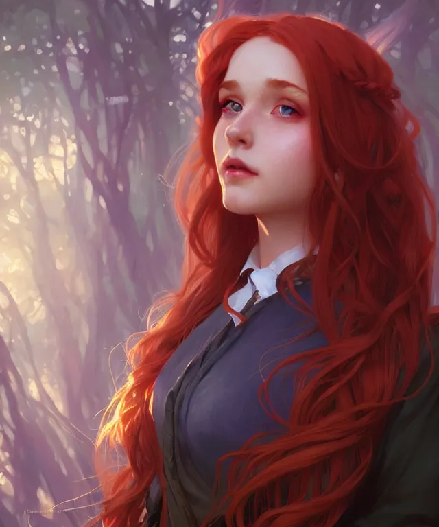 Image similar to portrait cute female, magic school uniform, fantasy forest landscape, dnd fantasy magic, long red hair, cinematic rim light, intricate, elegant, highly detailed, digital painting, artstation, concept art, smooth, sharp focus, illustration, art by artgerm and greg rutkowski and alphonse mucha