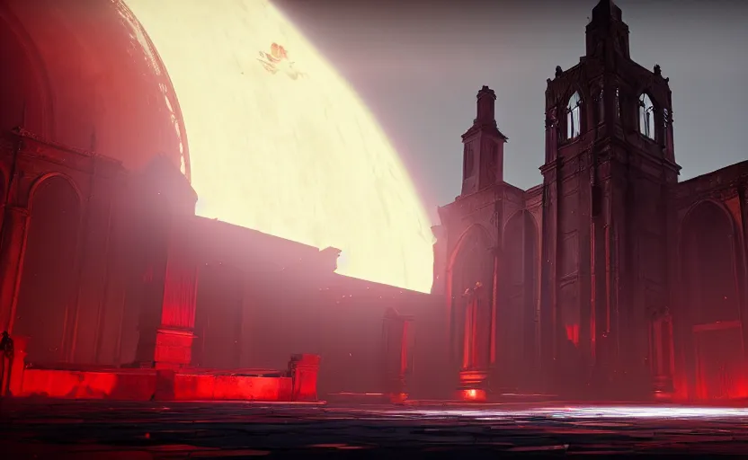 Prompt: symmetrical, ancient church of worship with red shafts of light in destiny 2, foggy, liminal, dark, dystopian, beautiful architecture, abandoned, highly detailed 4 k 6 0 fps destiny 2 expansion promotional poster, reveal image gameinformer