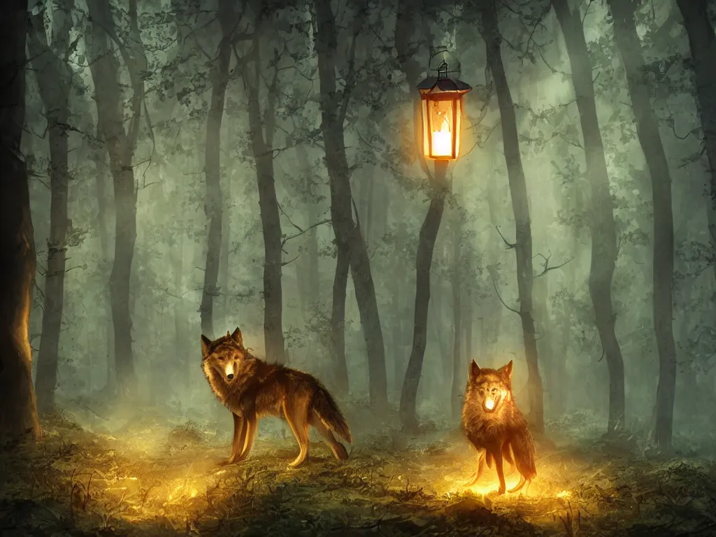 Image similar to a wolf with a lantern held on its mouth travelling through a dark, gloomy forest with stars around it, zaba style, cinematic, sunbeams, detailed, hq, trending on artstation, wide shot, dramatic lighting
