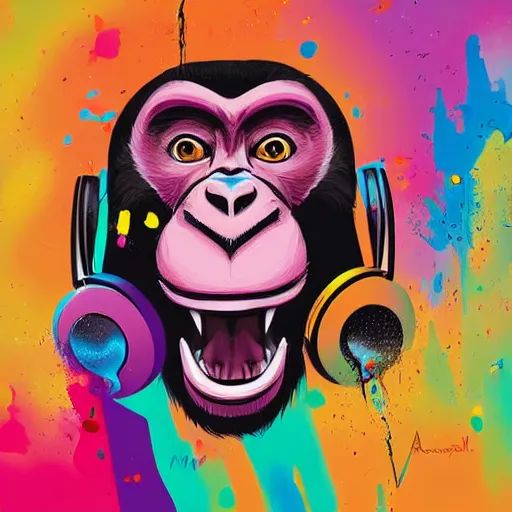 Image similar to colorful illustration of monkey in headphones, colorful splatters, by andy wrahol, by zac retz, by kezie demessance