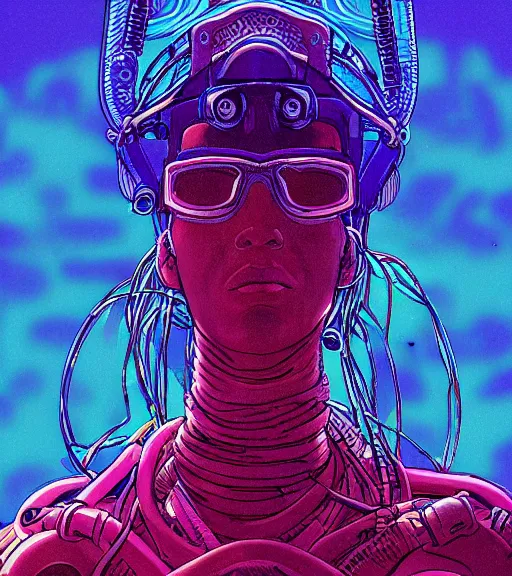 Image similar to a cyberpunk diver Polynesian woman swims through a dark bioluminescent alien coral reef, techwear, Industrial Scifi, detailed illustration, character portrait, by Martin Grip and Moebius