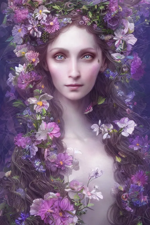 Image similar to a portrait of a beautiful elvish goddess with flowers in her hairs , fairy-like , 8k, highly detailed, sharp focus, ethereal clothes, astral environment, in style of Anna Dittmann and Mark Arial and Artgerm and Gerald Brom