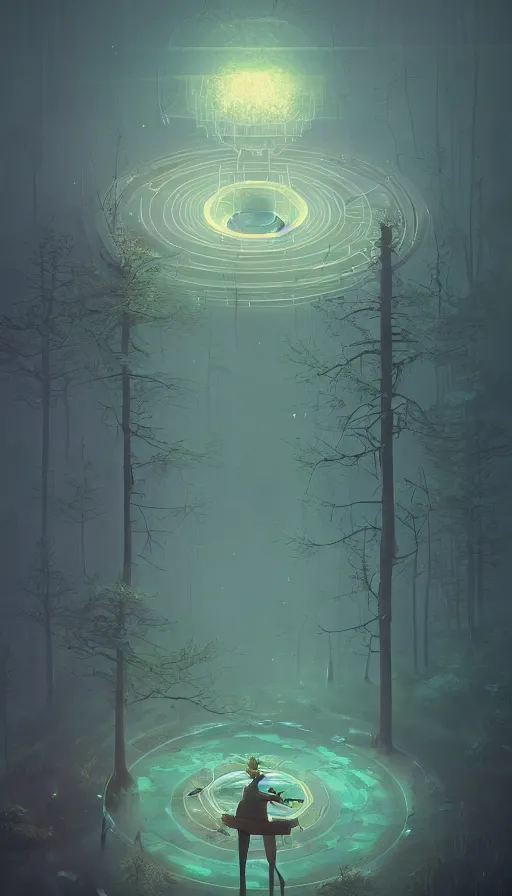 Prompt: goddess of illusion, beautiful, stunning, breathtaking, mirrors, glass, magic circle, magic doorway, fantasy, mist, bioluminescence, hyper - realistic, unreal engine, by simon stalenhag