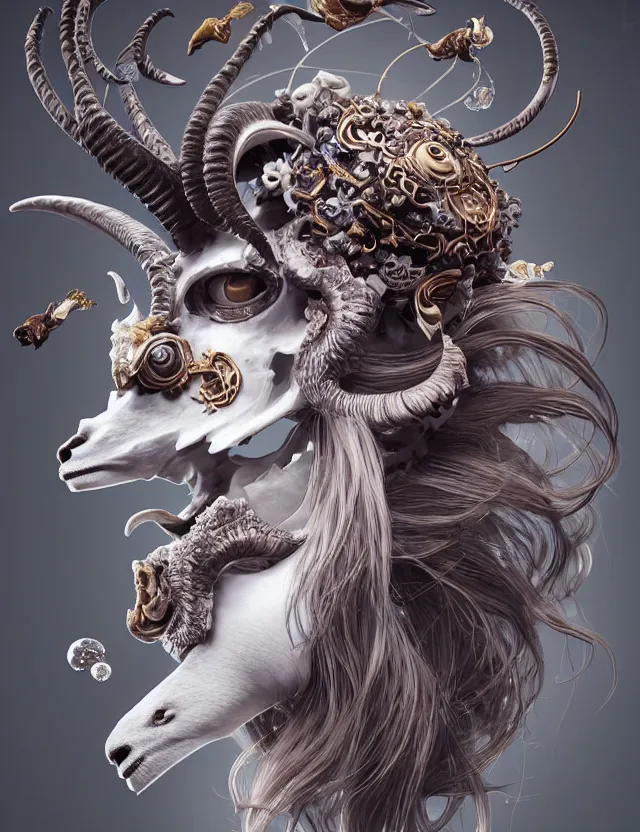 Image similar to 3 d goddess goat skull half - turn portrait with long hair with ram skull. beautiful intricately detailed japanese crow kitsune mask and clasical japanese kimono. betta fish, jellyfish phoenix, bio luminescent, plasma, ice, water, wind, creature, artwork by tooth wu and wlop and beeple and greg rutkowski