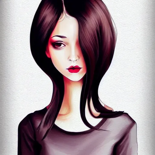 Image similar to attractive elegant sophisticated reservedyoung woman, slim figure, perfect silky straight hair, smooth tan skin, dark circles under bemused eyes, hip emo fashion, tshirt, shorts, pinterest, very interesting digital painting, beautiful portrait