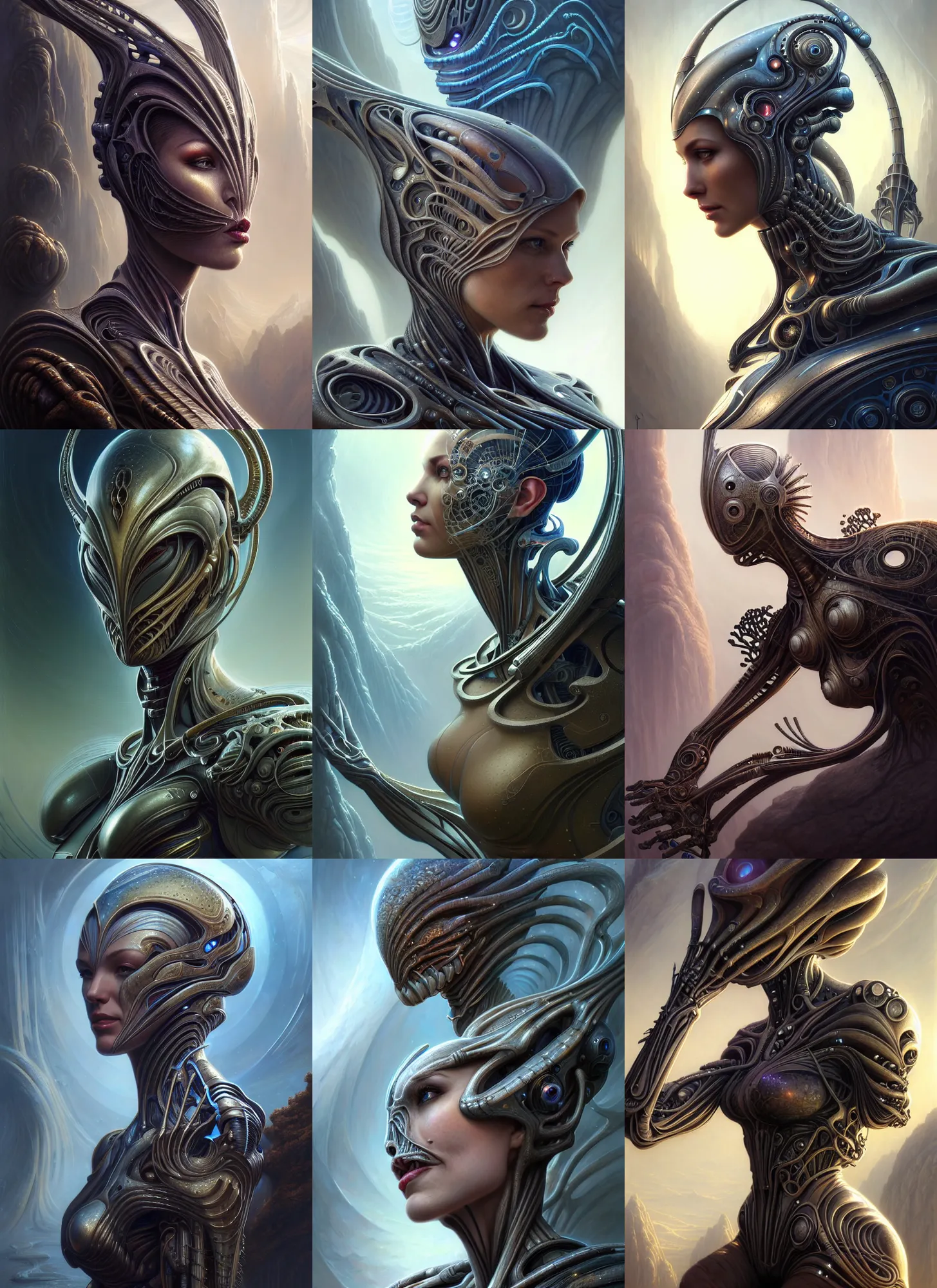 Image similar to closeup portrait shot of a female biomechanic woman in a scenic scifi environment, intricate, elegant, highly detailed, centered, digital painting, artstation, concept art, smooth, sharp focus, warframe, illustration, hr giger, tomasz alen kopera, peter mohrbacher, donato giancola, leyendecker, boris vallejo