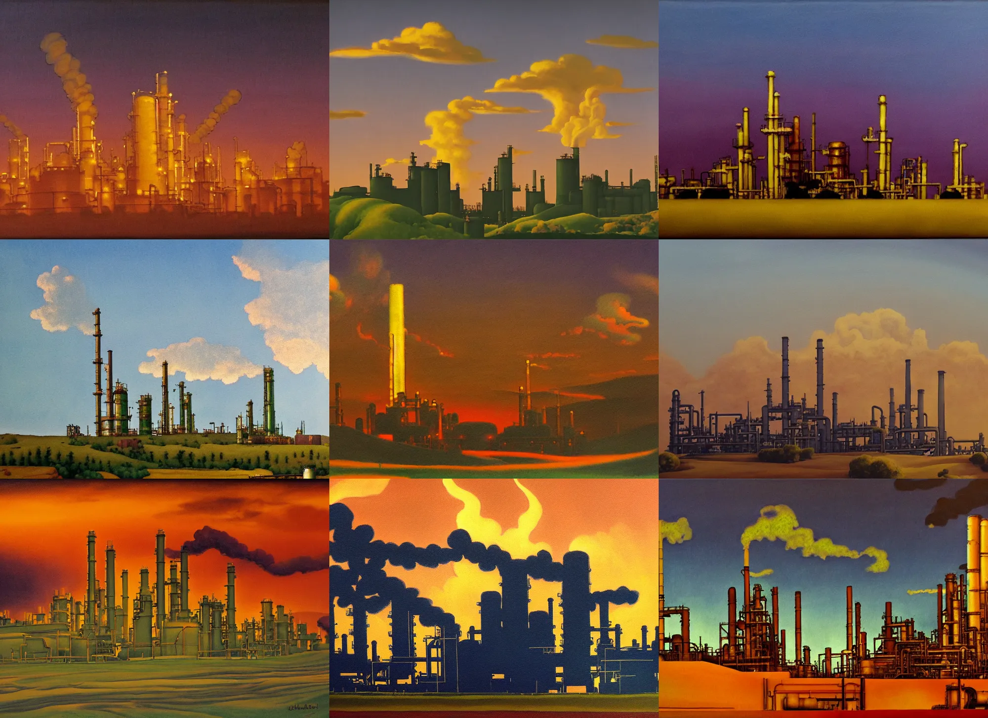 Prompt: a painting of an oil refinery in the style of maxfield parrish