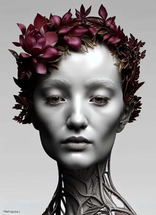 Image similar to complex 3d render ultra detailed of a beautiful porcelain profile woman face, mechanical vegetal cyborg, 150 mm, beautiful studio soft light, rim light, silver details, magnolia big filigran leaves and stems, roots, fine foliage lace, mesh wire, Alexander Mcqueen haute couture, intricate details, hyperrealistic, mandelbrot fractal, anatomical, red lips, silver metal armor, facial muscles, cable wires, microchip, elegant, white background, beautiful white teeth, octane render, H.R. Giger style, 8k