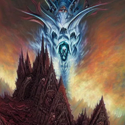 Image similar to an epic demonic alien dragon demigod descending from the heavens and cosmos to consume the earth, gothic castle with tall spires, by dan seagrave art