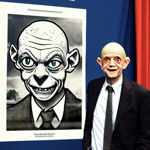 Image similar to president gollum standing in front of a poster with an image of the one ring