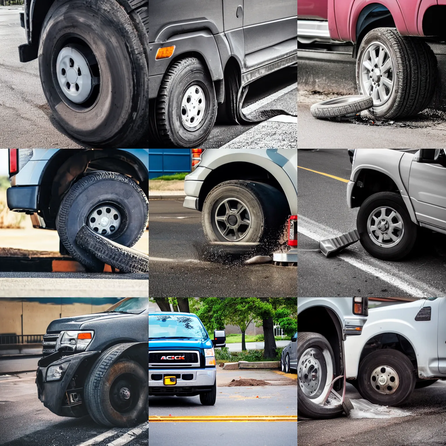 Prompt: a truck scraping its tire on the curb