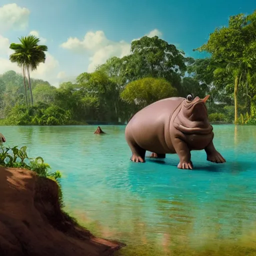 Prompt: 3D render of an anthropomorphic hippo wading in a pool at a beautiful and lush park. There is a jungle in the background, summer, warm gentle lighting, anatomy portrait, fullbody, symmetrical, 3D, with lightning, ultra colourful clean design, beksinski, carl spitzweg, Beeple, and Tuomas Korpi and bouguereau, good clear quality, warm lighting, biology, symmetrical artwork, perfect face, 135 mm, cinematic, hyper realism, high detail, octane render, Maya Render, 8k, pink and green accents