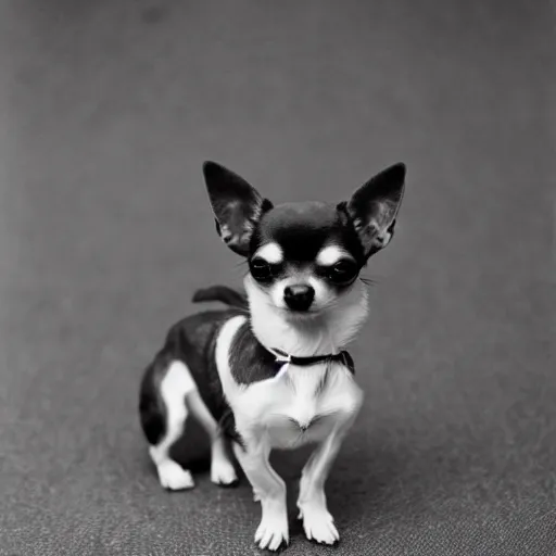 Prompt: chihuahua in the navy black and white photo vintage