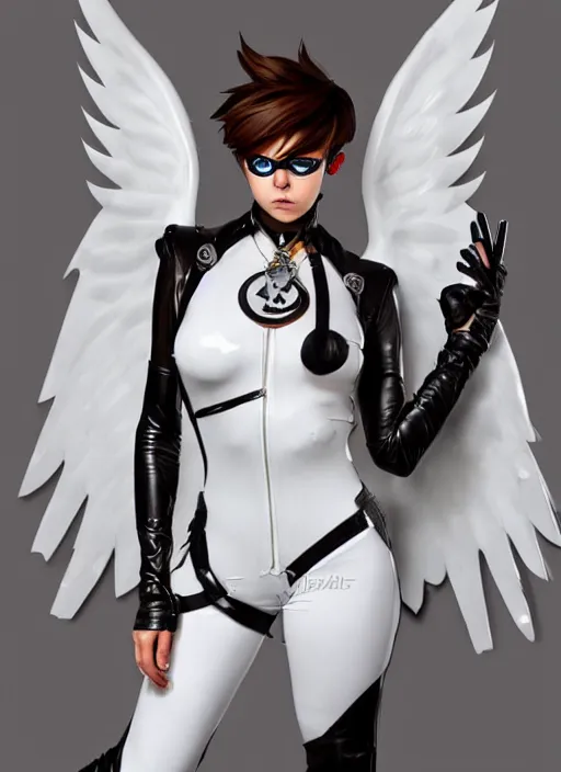 Image similar to full body artwork of tracer overwatch, wearing white latex and leather straps catsuit outfit, in style of mark arian, angel wings, dramatic painting, wearing detailed leather collar, chains, black harness, detailed face and eyes,