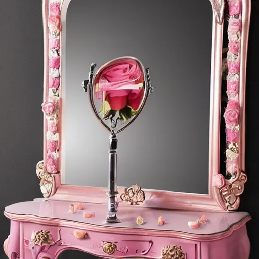 Prompt: beautiful luxurious baroque vanity mirror covered in roses and rose petals