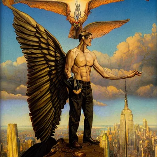 Image similar to marvelous detailed portrait of a strong winged Nephilim Hank Hill Man with a halo standing above new york city. peter mohrbacher norman rockwell heorhiy narbut jessie wilcox smith beatrix potter joseph leyendecker acrylic painting