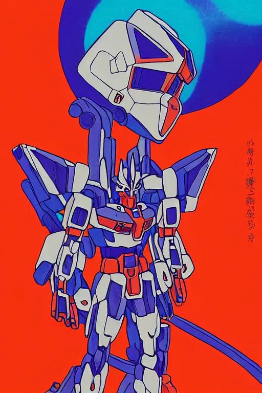 Image similar to risograph grainy painting of gigantic huge evangelion - like gundam mech face, with huge earrings and rings around head with a lot of details, covered with rich jewelry, blue hour, twilight, by moebius and dirk dzimirsky and satisho kon, close - up wide portrait