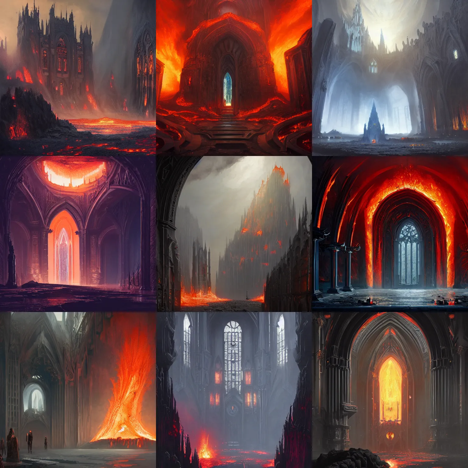 Prompt: an obsidian gothic cathedral with a giant obsidian door, in the elemental plane of fire, with rivers of lava surrounding it, Dungeon and Dragon illustration, painted by Greg Rutkowski, 4k, trending on ArtStation