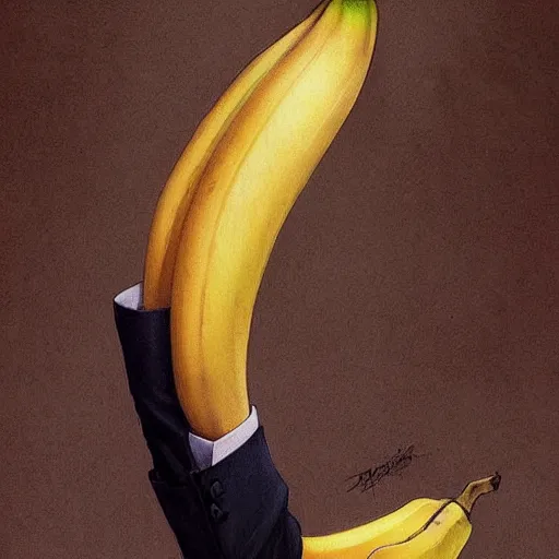 Prompt: banana in a business suit, artists portrait, fantasy, highly detailed, digital painting, concept art, sharp focus, depth of field blur, illustration, art by artgerm and greg rutkowski and alphonse mucha