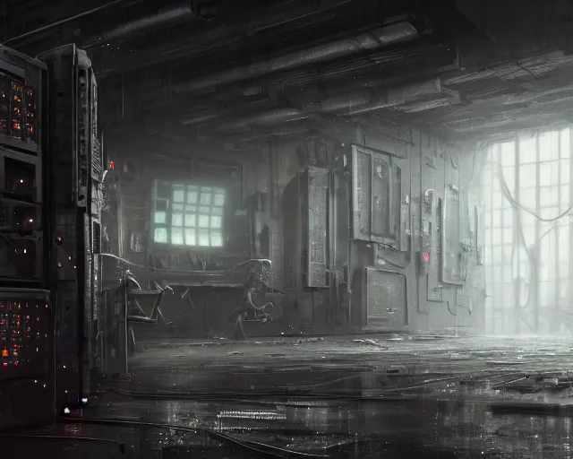 Image similar to gloomy ruined server room in datacenter robot automata rusty steel robot knight colossus welder pacing fixing mono eyed, sharp focus, emitting diodes, smoke, artillery, sparks, racks, system unit, motherboard, by pascal blanche rutkowski repin artstation hyperrealism painting concept art of detailed character design matte painting, 4 k resolution blade runner