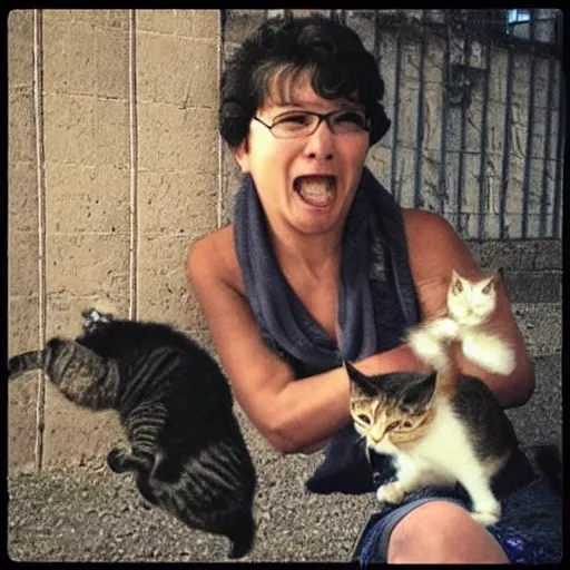 Prompt: “crazy lady throwing cats”