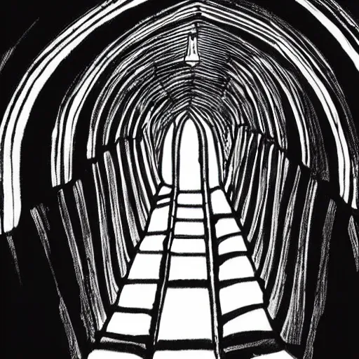 Prompt: The long black tunnel opened to the right of the throne. The only light in it was what filtered from above, and that very dimly; but when the queen looked up she saw that its vaulted roof rose high above her head into unknown heights beyond the circle of her lamp.