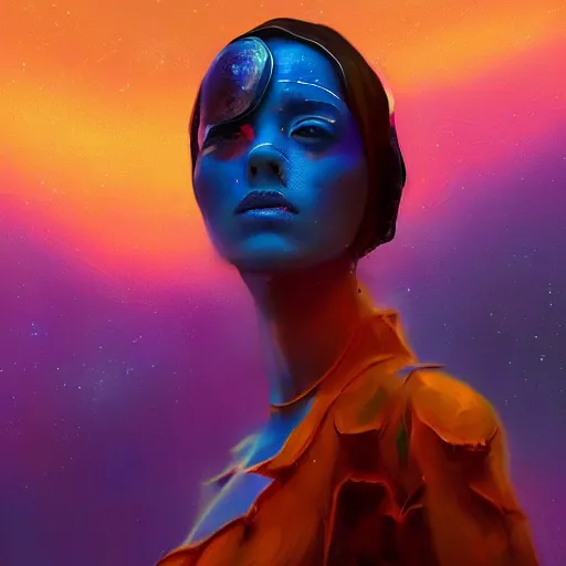 Image similar to colorful character portrait of a woman in a dark desert lit by the stars, wispy smoke, highly detailed face, very intricate, symmetrical, cinematic lighting, award - winning epic painting, painted by mandy jurgens, pan futurism, lumion render, dystopian, bold colors, dark vibes, cyberpunk, groovy vibe, anime aesthetic, featured on artstation