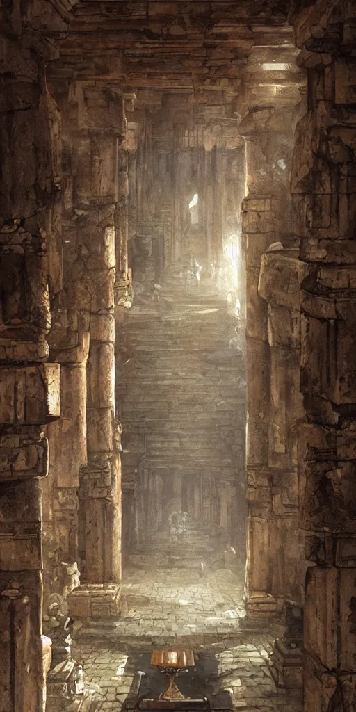 Image similar to ancient temple, pillars, tomb raidar, indiana jones, traps, from inside a temple, temple run, painted by greg rutkowski