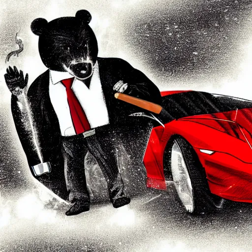 Prompt: a anthropomorphic bear beast - man in a suit smoking a cigar while drifting in a lamborghini, digital art