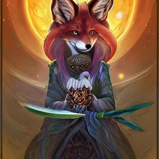 Image similar to a painted avatar portrait of an awesome cosmic powerful kitsune fox mage being themed around death and the stars and the cosmos, covered in flowers, holding an enchanted dagger, in the style of dnd beyond avatar portraits, beautiful, artistic, elegant, lens flare, magical, lens flare, nature, realism, stylized, art by jeff easley