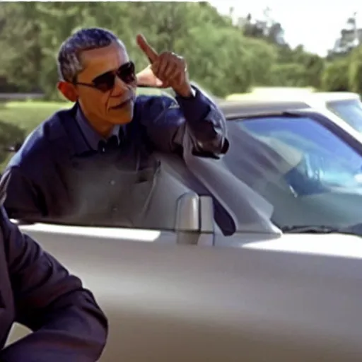 Prompt: barack obama featured on an episode of pimp my ride. he is sitting in the car with xzibit, photo