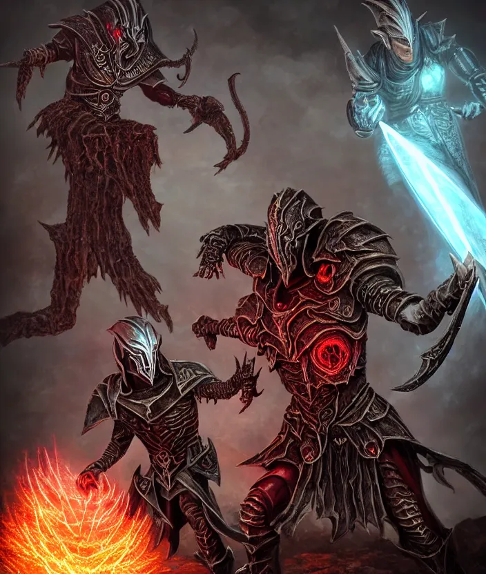 Prompt: A Dark Elf Telvanni in Daedric armor with white hair and glowing red eyes fights a dwemer Centurion in a dwemer ruin, Hyper realism, glow, runes, magic, morrowind, Oblivion, Skyrim, dark, gloomy, steam, ancient machines, lava, gears