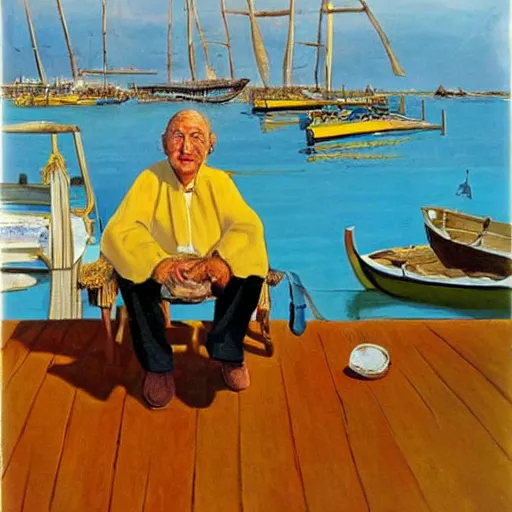 Image similar to painting by salvador dali of a senior caucasian man, sitting on a deck near the harbor, boats and water. it i a beautiful summer day